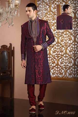 Red And Maroon Banarasi Silk Stone Work Sherwani