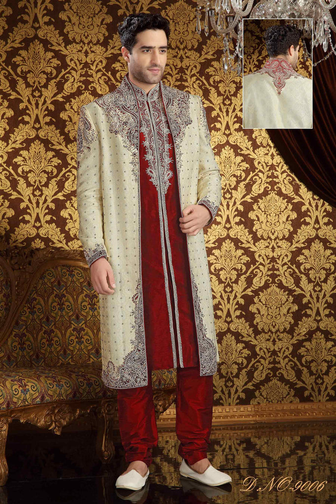 Cream Color Banarasi  Silk Stone Work Sherwani