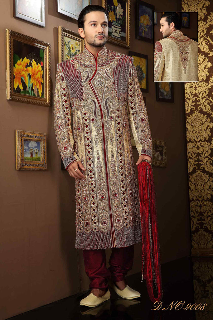 Gold  Tanchoi Jamewar  Stone Cutdana Work Sherwani