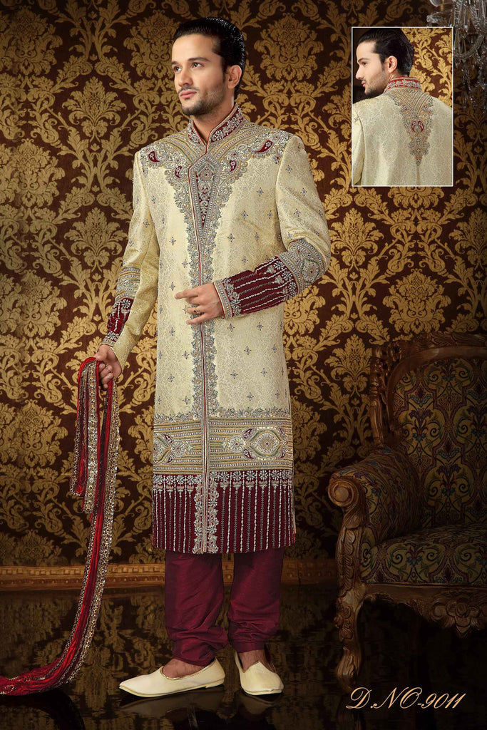 Cream Banarasi  Silk Zardosi Work With Sequind and Beads Sherwani