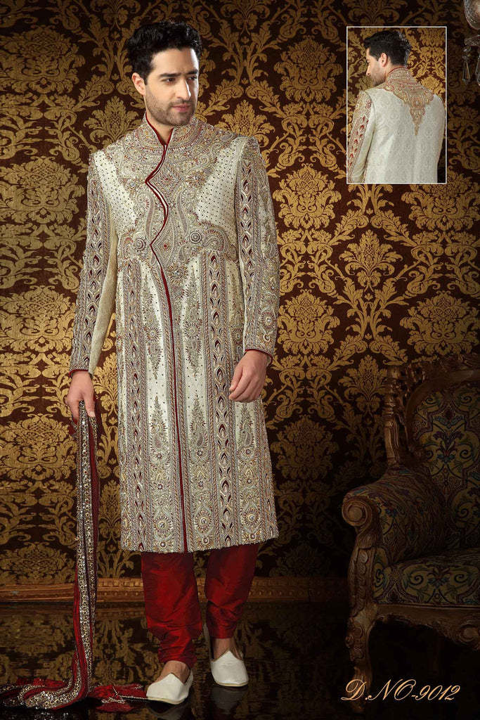 Cream Banarasi  Silk Cut Stone Work Sherwani