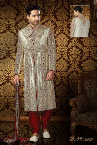 Cream Banarasi  Silk Cut Stone Work Sherwani