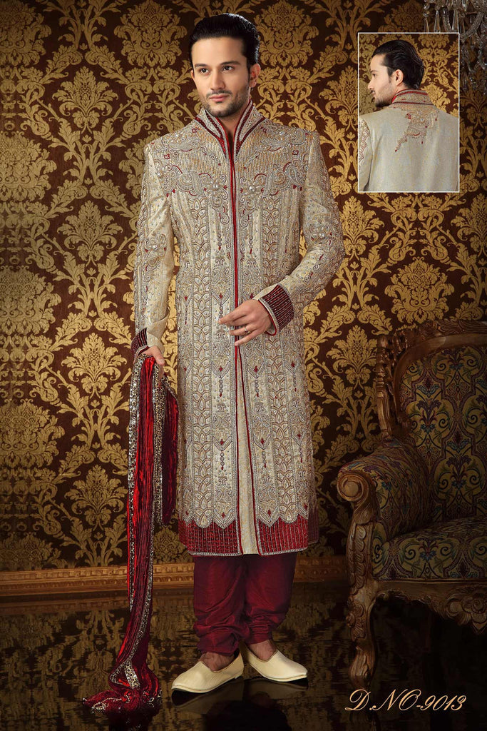 Gold  Banarasi  Silk Resham And Beads Stone Work Sherwani