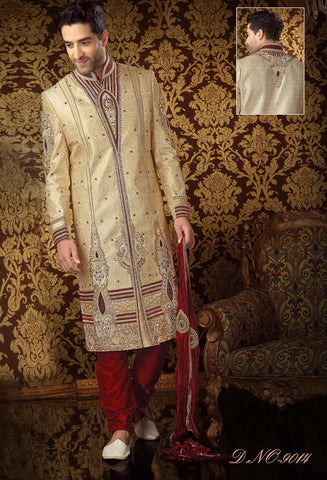 Gold  Banarasi  Silk Stone Work Sherwani With Velvet Patch