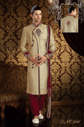 Gold  Banarasi Silk Zardosi Work Sherwani With Maroon Velvet Patch