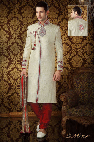 Cream Banarasi Silk Zardosi Work With Sequins And Beads Sherwani