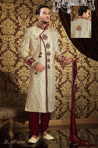 Cream Banarasi Silk Zardosi Work With Velvet Patch Sherwani