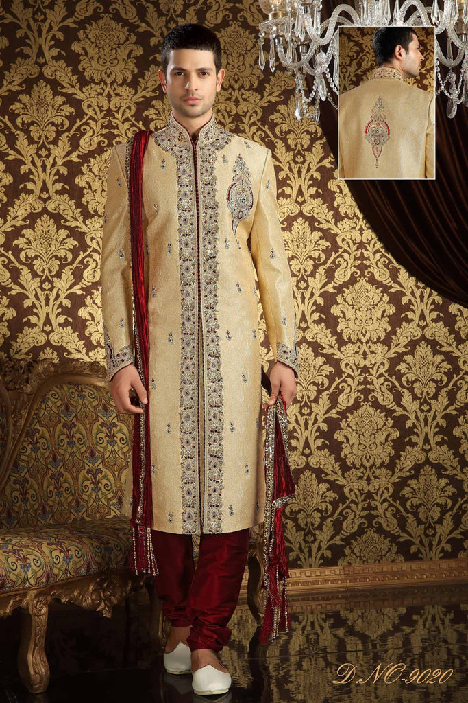 Gold  Banarasi  Silk With HEavy Stone Work Sherwani With Broches