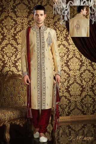 Gold  Banarasi  Silk With HEavy Stone Work Sherwani With Broches