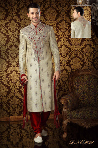 Cream Banarasi  Silk Stone Work With Heavy Resham Sherwani