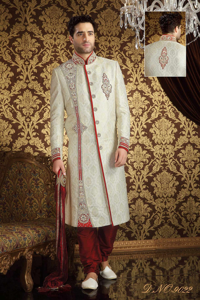 Cream Banarasi  Silk Zardosi Work Sherwani With Maroon Velvet Patch