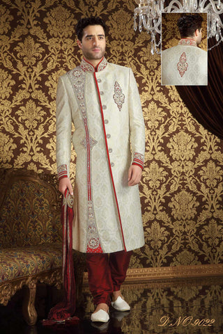 Cream Banarasi  Silk Zardosi Work Sherwani With Maroon Velvet Patch