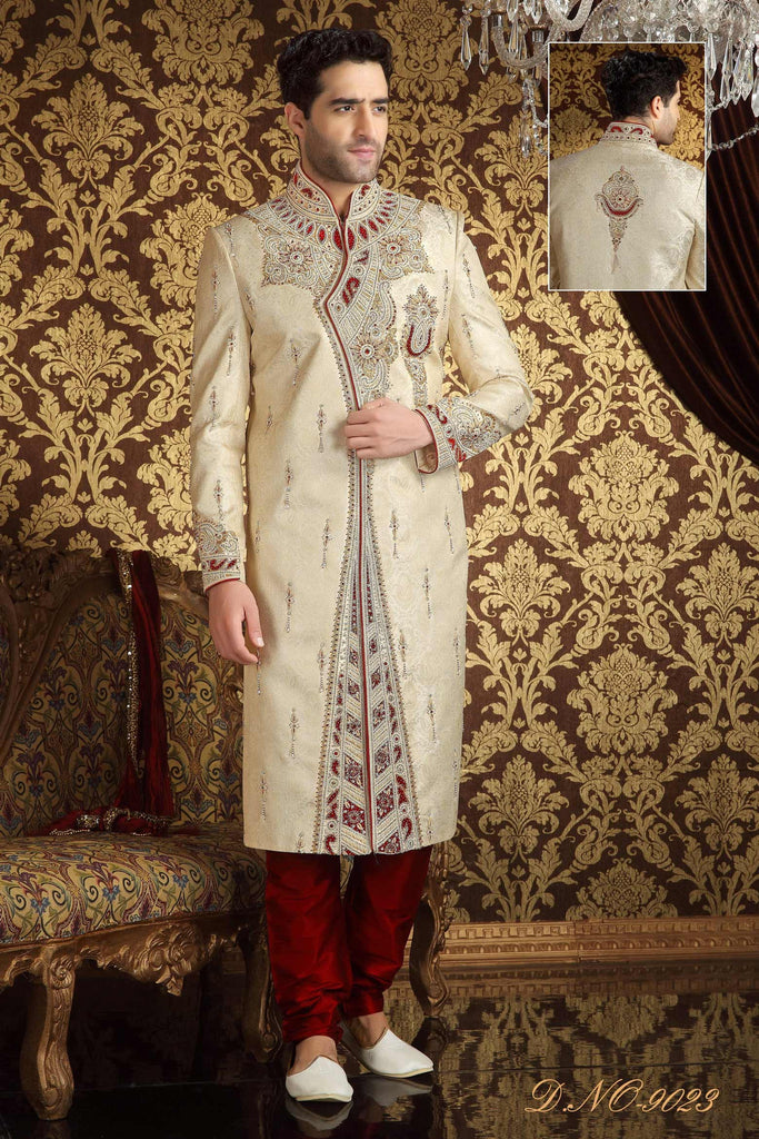 Cream Banarasi  Silk Stone And Jarken Work Sherwani
