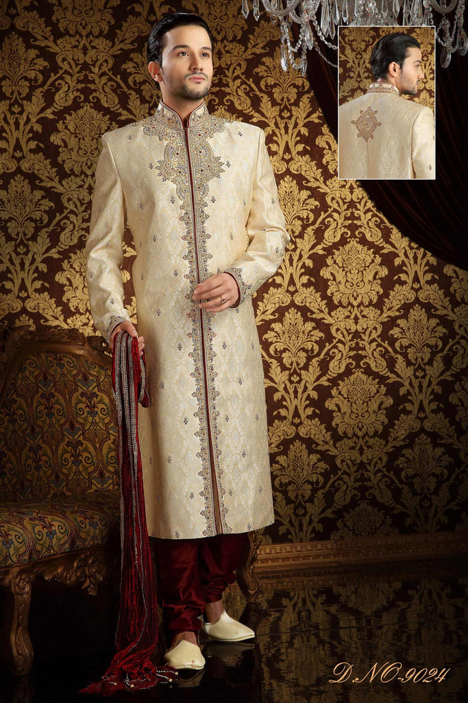 Gold  Brocade Silk Stone Work Sherwani