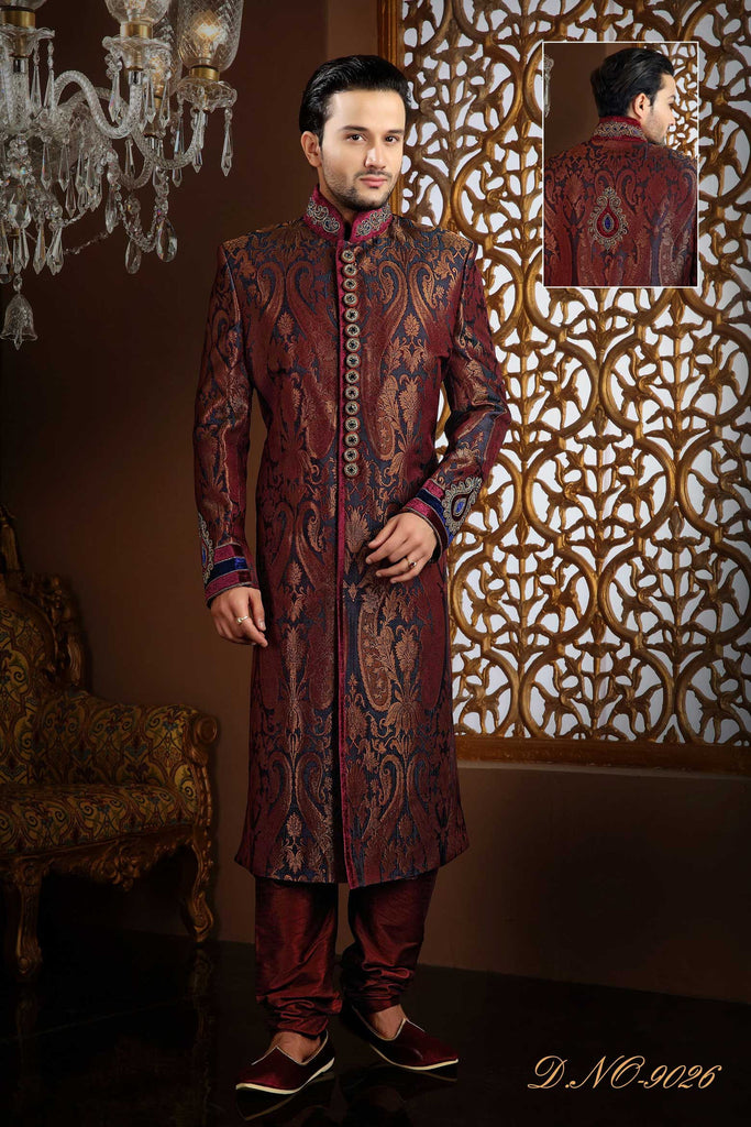 Wine With Blue Banarasi Silk Zardosi Work Sherwani