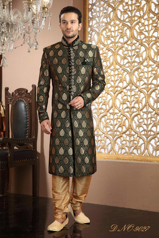 Green Antique Banarasi  Silk Zardosi Work Sherwani Green Velvet Patch Work