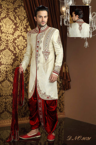 Cream Banarasi Silk Stone Work Dhoti Sherwani