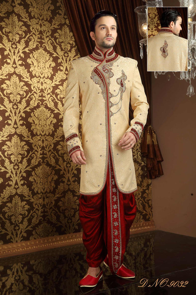 Gold  Tanchoi Jamewar  Stone Work Sherwani Velvet Patck Work