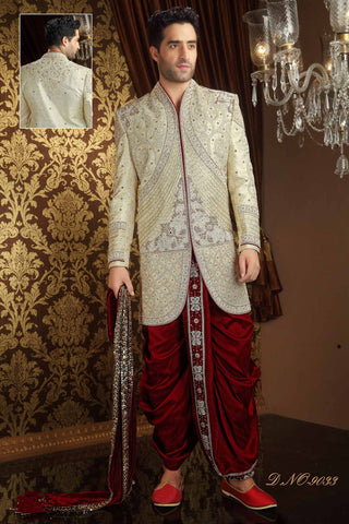 Cream Banarasi  Silk With Heavy Stone Work Sherwani