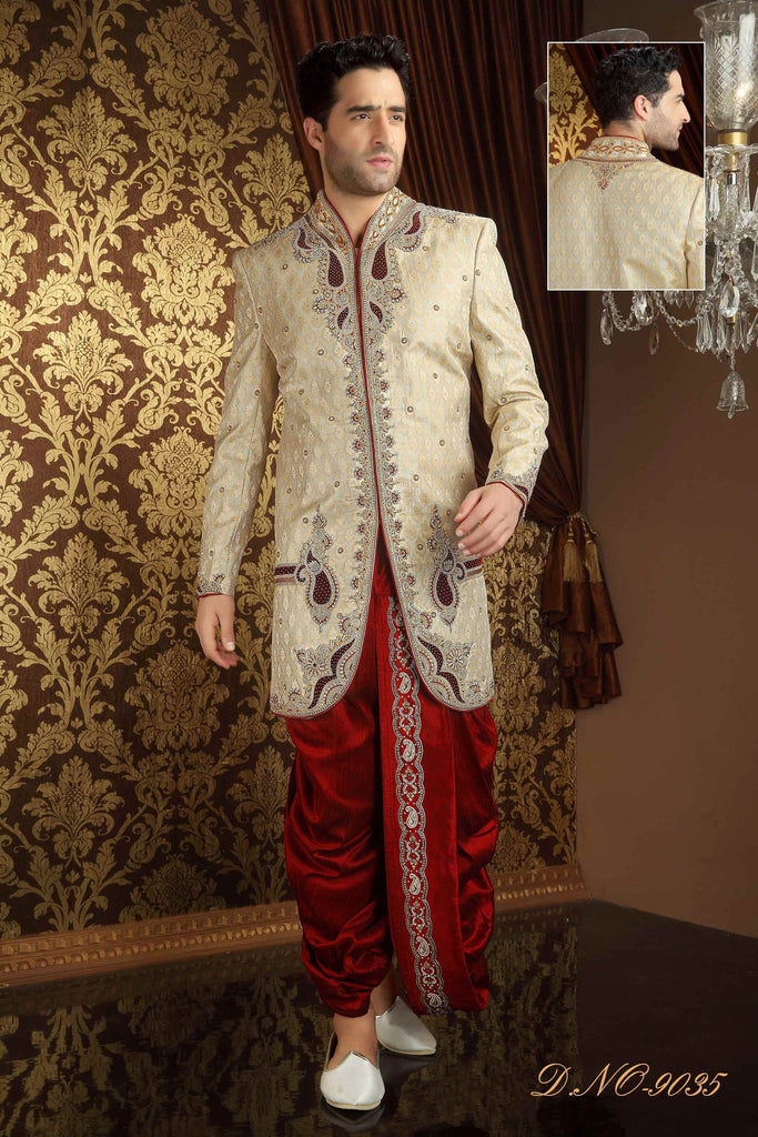 Cream Banarasi  Silk Zardosi Work Sherwani With Velvet Patch