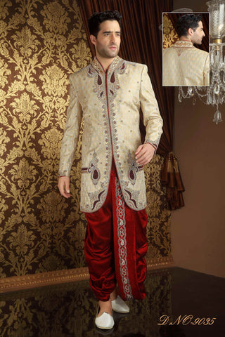 Cream Banarasi  Silk Zardosi Work Sherwani With Velvet Patch