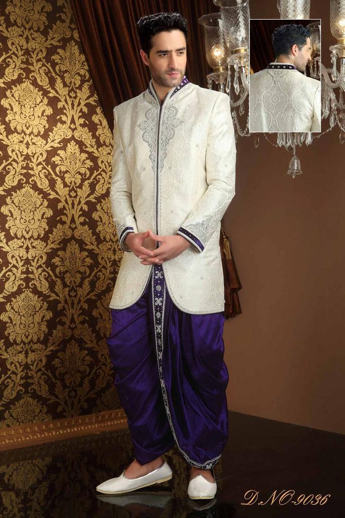 Off White Pure Handloom Zardosi Work Sherwani