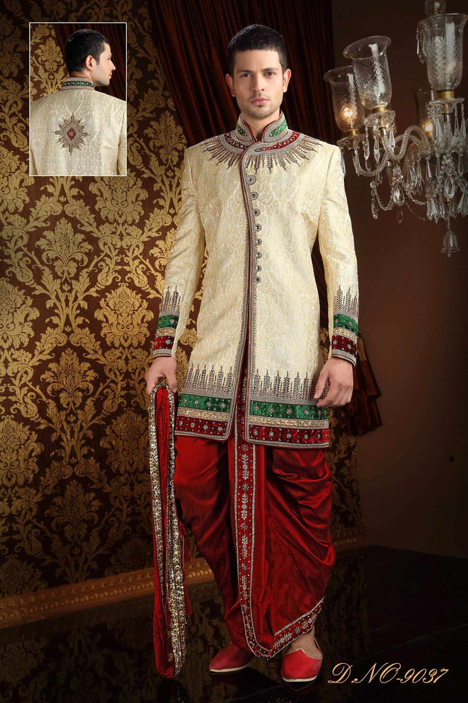 Gold  Banarasi Silk Zardosi Work Sherwani
