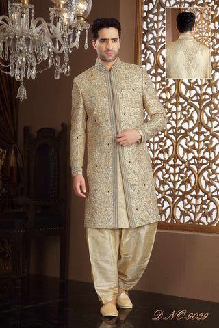 Lemon Cream Banarasi  Silk Stone Work Sherwani With Resham Work