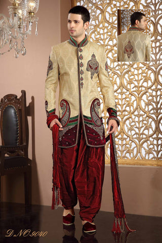 Gold  Banarasi  Silk Sequins Nad Beads Zardosi Work Sherwani