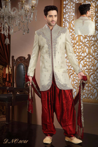 Cream Banarasi  Silk Stone Work Indo Western Sherwani