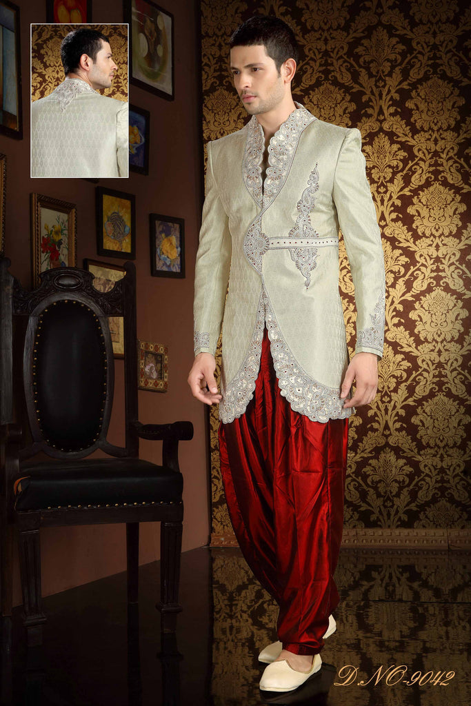 Cream Banarasi  Silk Stone Cutdana Work Sherwani