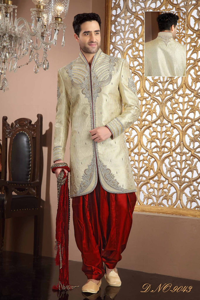 Cream Banarasi  Silk Sequins Beads Stone Work Sherwani