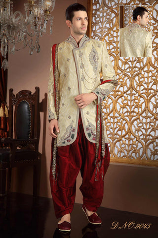 Lemon Cream Banarasi  Silk Zardosi Work Sherwani
