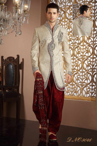Cream Banarasi  Silk Stone Work With Velvet Patch  Sherwani
