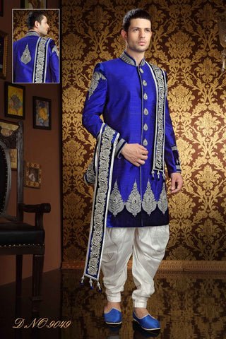 Royal Blue Pure Raw Silk Stone Work Indo Western Sherwani
