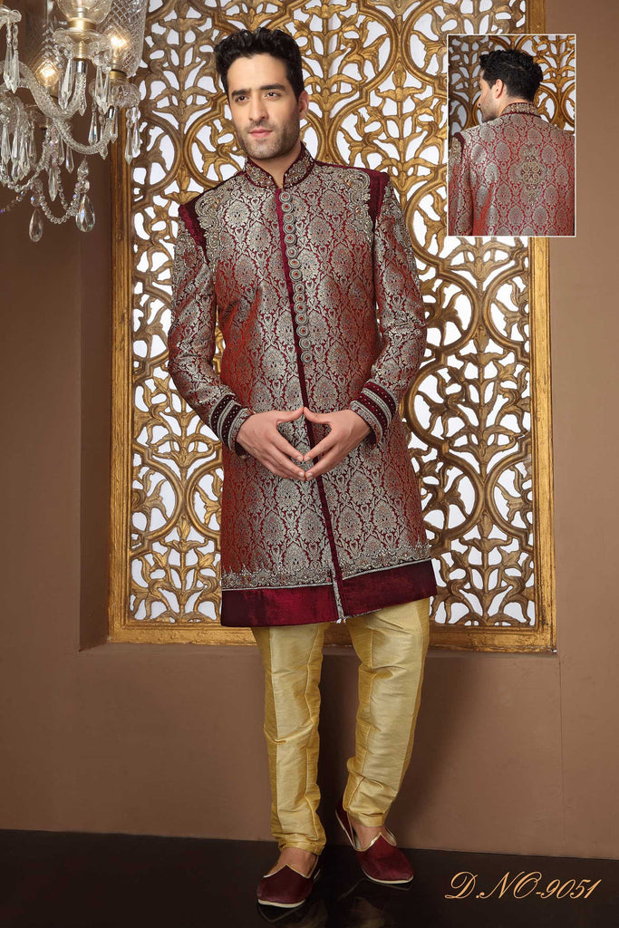 Wine Gold Banarasi Silk Zardosi Work Sherwani