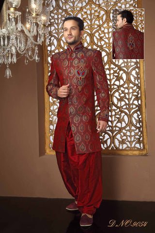 Maroon Banarasi Silk Zardosi Work And Beads Sherwani