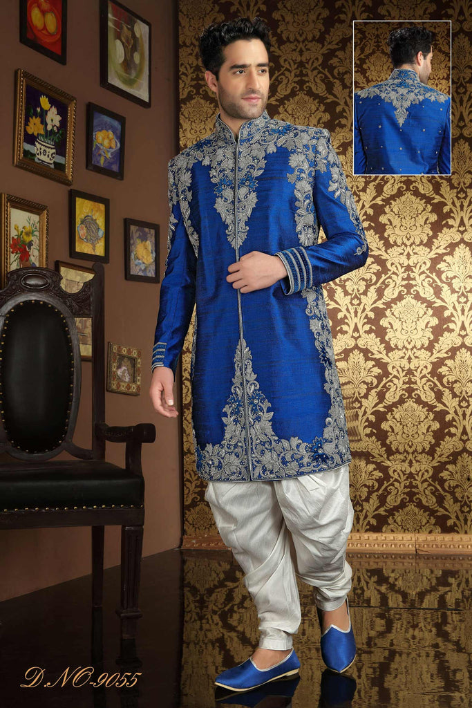 Royal Blue Pure Raw Silk Heavy Stone Cutdana Work Sherwani