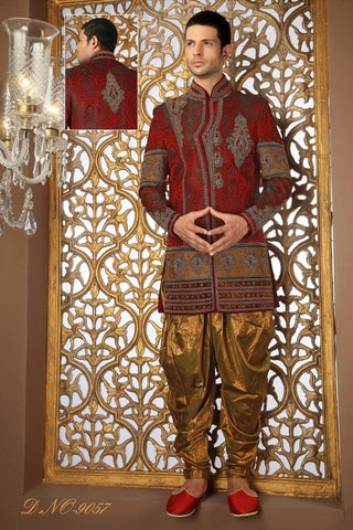 Green Maroon Banarasi Silk Stone Work Indo Western Sherwani