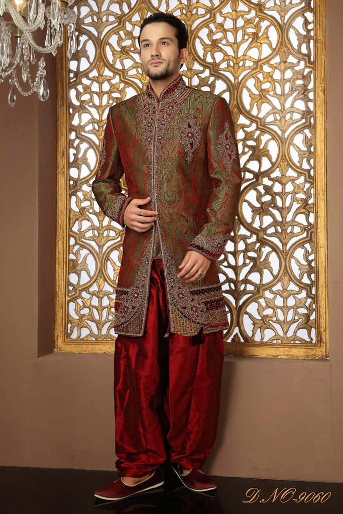 Green Maroon Banarasi Silk Stone Work Sherwani