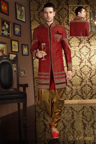 Maroon Banarasi  Silk With Heavy Stone  Work Sherwani