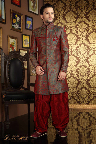 Green Maroon Banarasi Silk Zardosi Work Sherwani