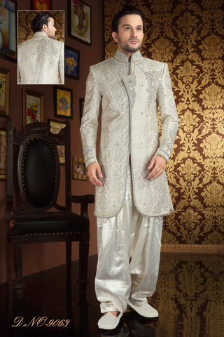 Off White Banarasi  Silk Stone Cutdana Work Sherwani
