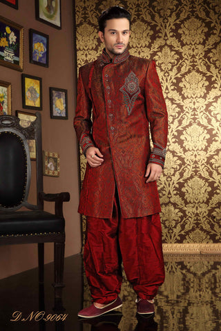 Maroon Banarasi  Silk Stone Cutdana Work Sherwani