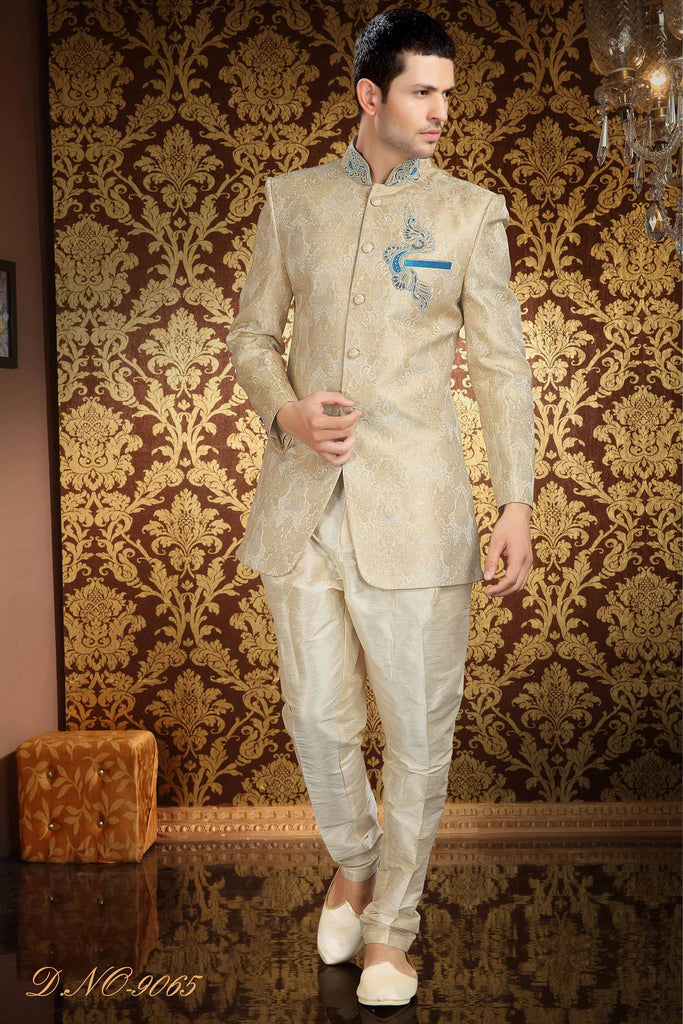 Cream Banarasi  Silk Stone Work Indowestern Short Sherwani