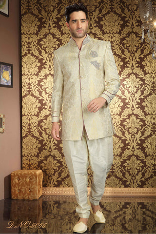 Cream Banarasi  Silk Stone Work Indo Western Short Sherwani