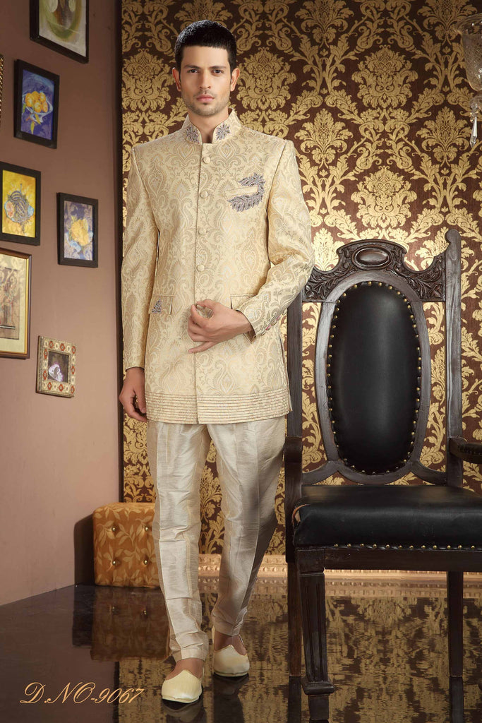 Cream Banarasi  Silk Stone Work Sequins And Beads Work Sherwani