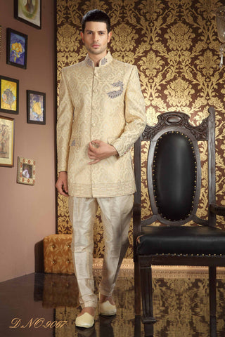 Cream Banarasi  Silk Stone Work Sequins And Beads Work Sherwani