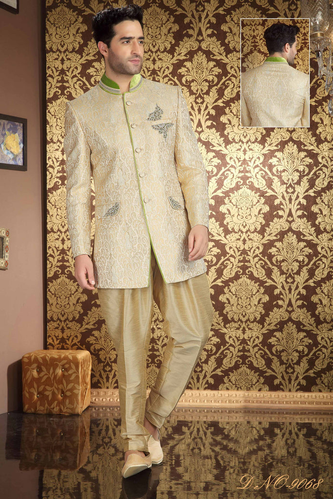 Cream Banarasi  Silk Stone Work Short Indo western Sherwani