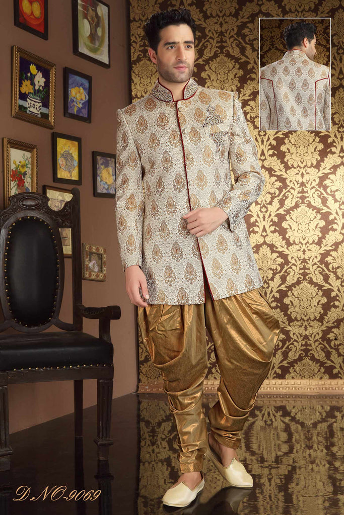 Cream Fancy Banarasi  Silk Stone Work Sherwani